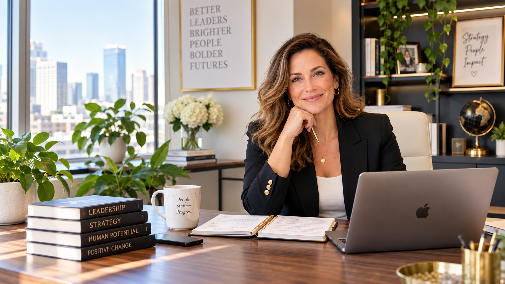 Professional woman at her desk in a sunlit office