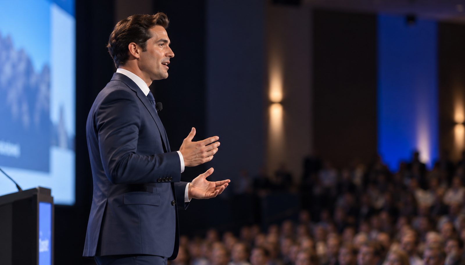 Speaker presenting to a packed auditorium
